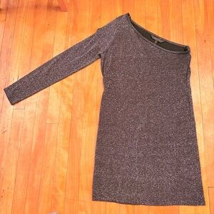 BCBG MAX AZRIA Inya Black Metallic Silver Lurex One Shoulder Dress - Large